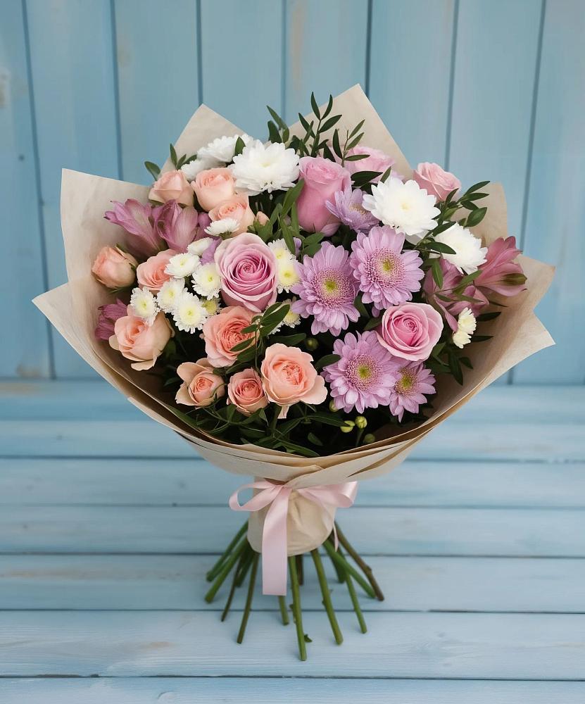 Букет цветов из: Хризантемы, Розы и Альстромерии в Шум Ленинградская область