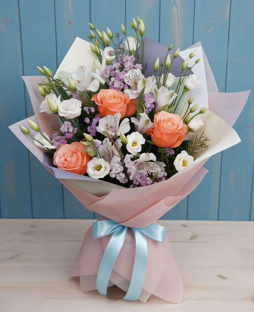 Букет цветов из: Лизиантусы, Розы, Альстромерии и Гипсофила в Шум Ленинградская область